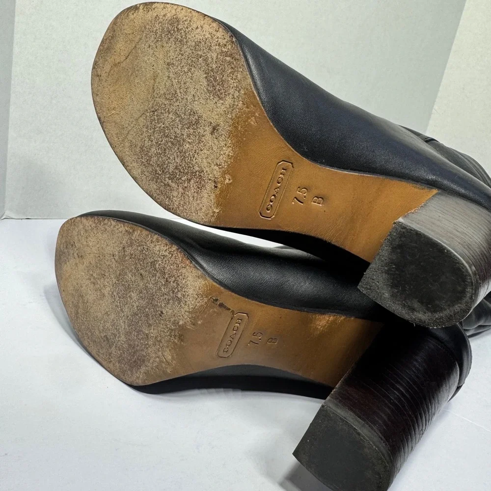 Coach Therese Black Leather Knee High Boots Gold Zip Tassel Block Heel Size 7.5B